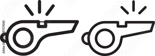 Two stylized black whistles emitting sound waves, isolated on a white background, representing alert or signal.