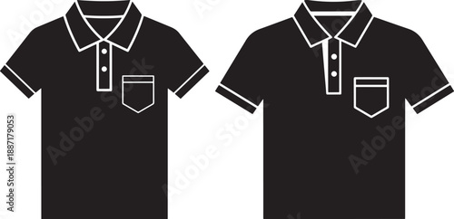 Two black polo shirts with short sleeves and chest pockets, presented frontally with subtle detailing, isolated on white.