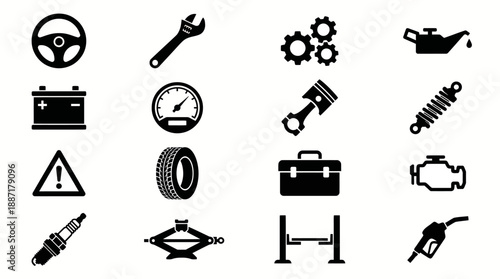 Automotive Maintenance Icon Set – 24 Black Silhouettes Featuring Car Parts, Tools, and Symbols for Vehicle Repair, Diagnostics, and Design Use