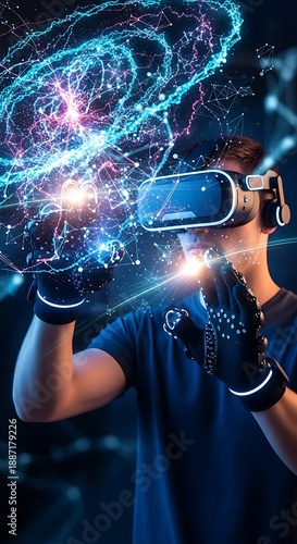 Immersive Virtual Reality Experience - Man Exploring Digital Worlds.