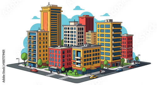 Colorful Cityscape with Modern Buildings, Cars and Street Life