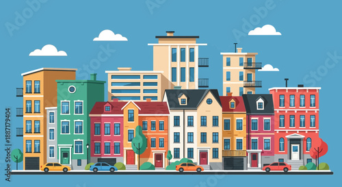 Colorful Flat Design Cityscape with Buildings, Cars, and Sky