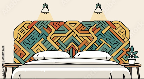 Colorful Geometric Headboard Above Bed with Lamps and Nightstands