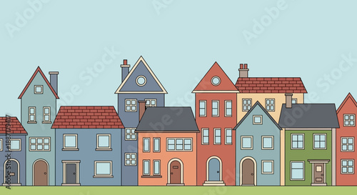 Colorful Row of Houses, Suburban Neighborhood, Townscape Illustration
