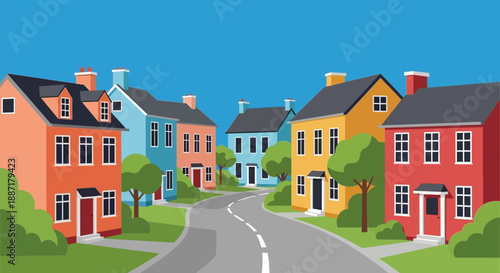 Colorful suburban street with houses and trees, illustration