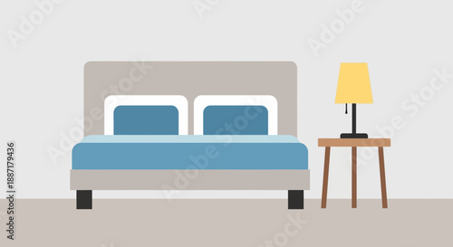 Cozy Bedroom Interior Flat Design: Bed, Nightstand, and Lamp