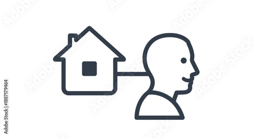 Conceptual icon of a person connected to a house, symbolizing home, real estate, or personal space.