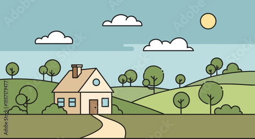 Cozy House in Rolling Green Hills under Sunny Sky with Clouds