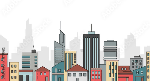 Flat Design Cityscape with Colorful Buildings and Skyscrapers