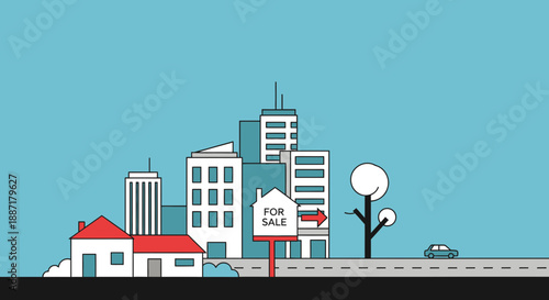 Flat Design Cityscape with For Sale Sign and Houses