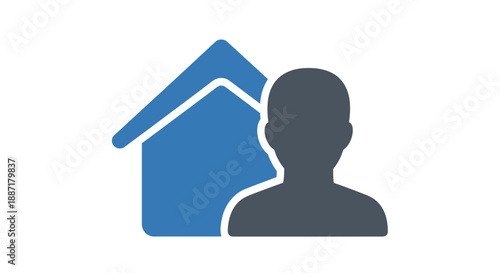 Homeowner Icon, Person Silhouette Next to Blue House Symbol, Real Estate Concept