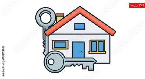 House and Keys Icon Vector: Real Estate, Property Ownership, Home Buying