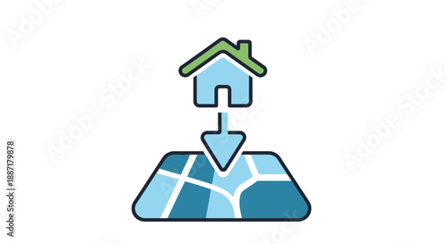 House Icon Moving Down Arrow on Map Location