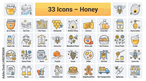 Honey & Beekeeping Icon Set – 33 Yellow and Gray Vectors Featuring Bees, Jars, Tools, and Products for Environmental, Culinary, and Educational Use