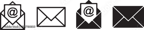 Email icon set with envelope and at symbol, messaging communication concept, mail notification symbols, contact message icons, digital correspondence, business email marketing design set