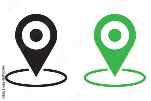 Location pin icon set in black green and red colors, map marker symbols for navigation, GPS pointer illustration, place indicator design, travel direction and geolocation concept