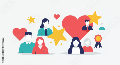 Two professional individuals engaged in a virtual video conference meeting with colorful icons symbolizing communication connection and collaboration