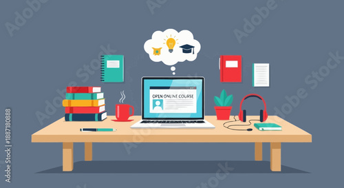 Modern workspace with laptop books and stationery on wooden desk for productivity and remote work environment