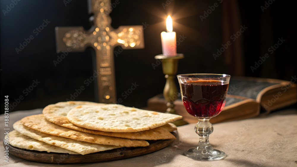 Fototapeta premium Sacramental arrangement featuring stack of unleavened bread glass of red wine burning candle golden cross and open bible on wooden table creating atmosphere of solemn religious worship