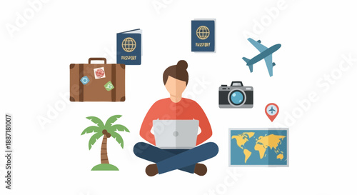 Travel and aviation conceptual image with a person using laptop surrounded by luggage palm tree airplane camera world map location and globe
