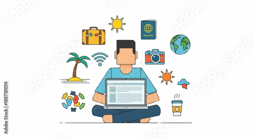 Businessman working on laptop surrounded by digital technology icons representing innovation communication and global connectivity