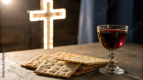 Square matzo crackers and glass of red wine sit on rustic wooden surface with glowing light cross in blurred background during religious communion celebration or passover seder.