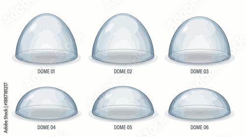 Transparent Dome Geometry Icon Set – 6 Glossy Vectors Featuring Structural Variants for Design, Architecture, Simulation, and Educational Use