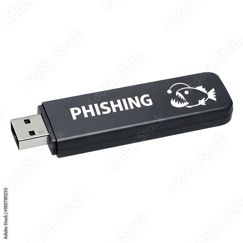 Phishing tagged portable flash drive with anglerfish icon illustrating cybersecurity threat concept in realistic studio product shot.