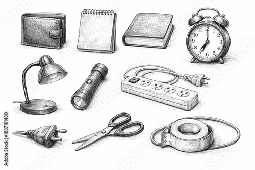 Office Supplies and Electrical Tools Sketch Icons