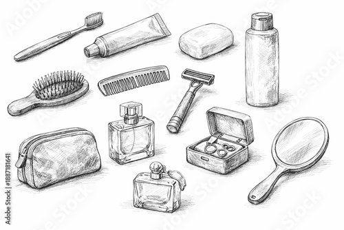 Cosmetic and Personal Care Items Sketch Icons