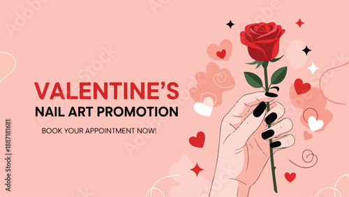 Valentine nail art promotion design for beauty salons featuring hand holding rose illustration