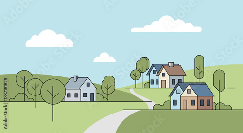 Idyllic Village Landscape with Houses, Trees, and Cloudy Sky