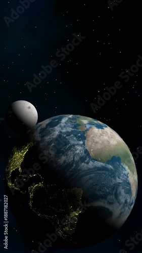 Stunning planetary visualization of Earth rotation from the United States with top right sunlight, moon crafted as vertical space background