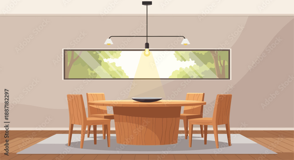 Fototapeta premium Modern dining room with wooden table, chairs, and abstract forest painting
