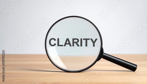 Magnifying glass highlighting CLARITY on wooden surface