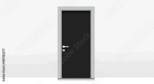 Modern Closed Black Door with Silver Handle on White Background
