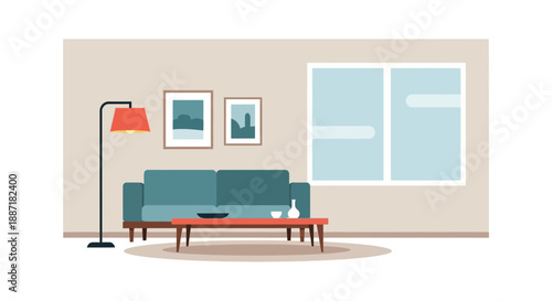 Modern living room interior with sofa, coffee table, floor lamp and window