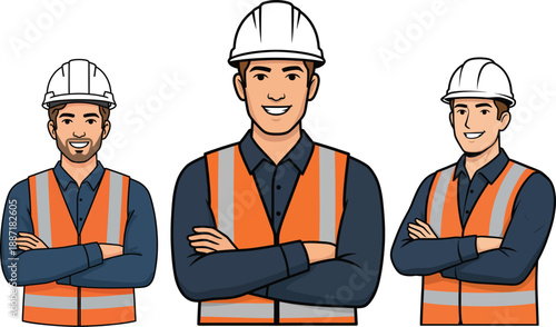 Three construction workers or engineers in safety vests and hard hats standing with arms crossed