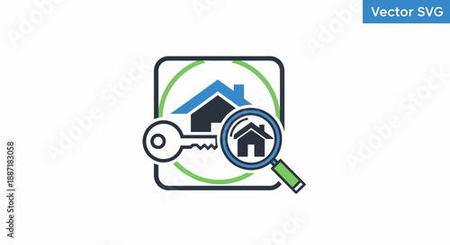 Real Estate Search Icon: House Key, Magnifying Glass, and Home Symbol