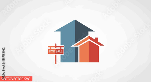 Real Estate Market Growth Icon: House, Up Arrow, For Sale Sign