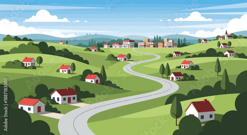 Scenic countryside landscape with winding road, houses, and rolling hills.