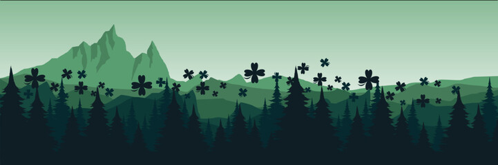 Leinwandbilder Olivgrün Panoramic St Patrick Day nature background with green mountains and flying clovers  © FahrizalNurMuhammad