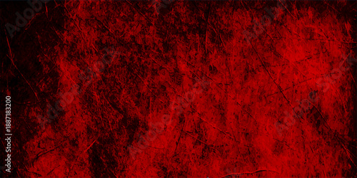 A dark and aged red grunge background features a textured vintage wall pattern with a dirty, blood-colored paint surface perfect for an abstract art illustration or Christmas decoration backdrop