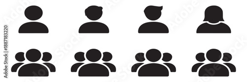 Set of black silhouette user and group icons, depicting single person figures including a female, and diverse team symbols representing various social roles