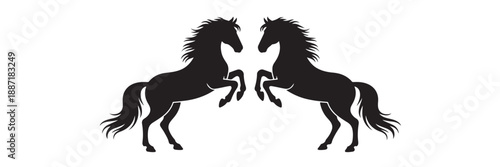 Two rearing silhouette horses facing each other as heraldic symbols isolated on transparent background for design template use