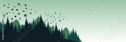 Atmospheric spring horizon illustration with silhouette of firs and lucky charms for header