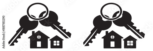 Two sets of house keys with keyrings and silhouettes of three houses in varying sizes, representing real estate, home ownership, and property concepts on transparent background