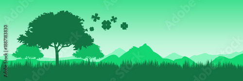 Atmospheric spring horizon with forest boundary and floating lucky charms for header