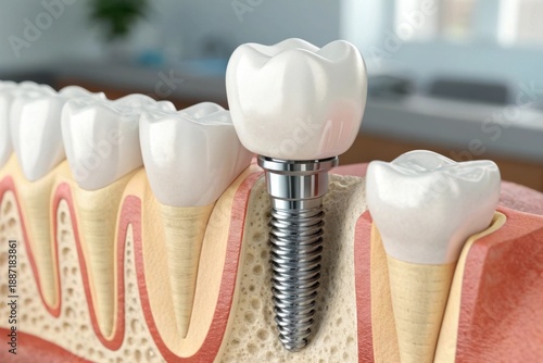 Detailed 3D render of a single tooth implant, showing the titanium post and ceramic crown within a cross-section of gums and bone.