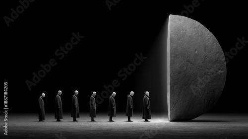 Surreal queue of identical bald people in dark robes standing before giant stone wall barrier. Concept of bureaucracy, conformity, dystopian society and hopeless waiting